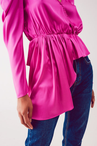 Asymmetric puff sleeve blouse in fuchsia Q2store