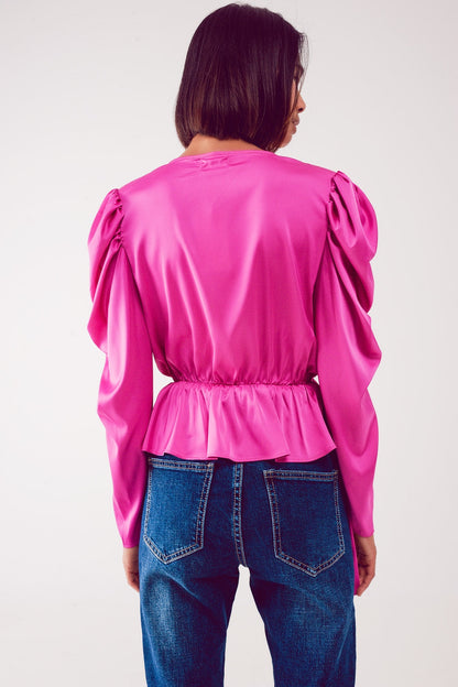 Asymmetric puff sleeve blouse in fuchsia Q2store