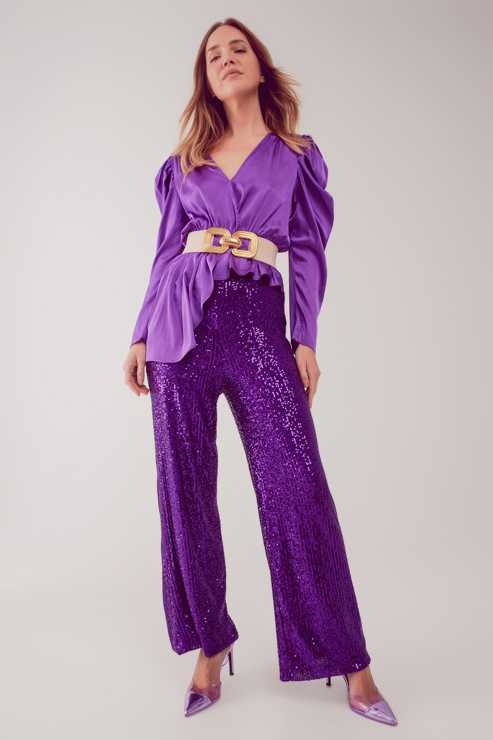 Asymmetric puff sleeve blouse in purple Q2store