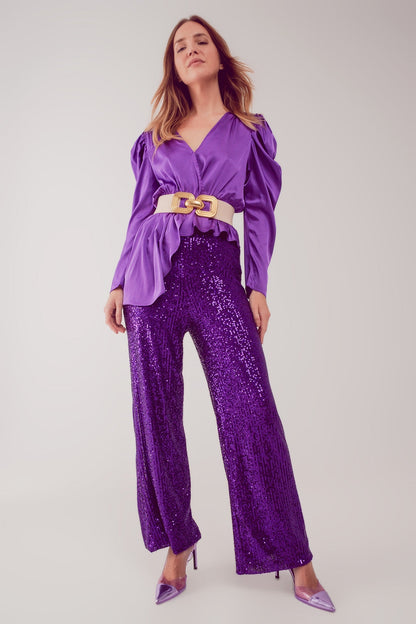 Asymmetric puff sleeve blouse in purple Q2store