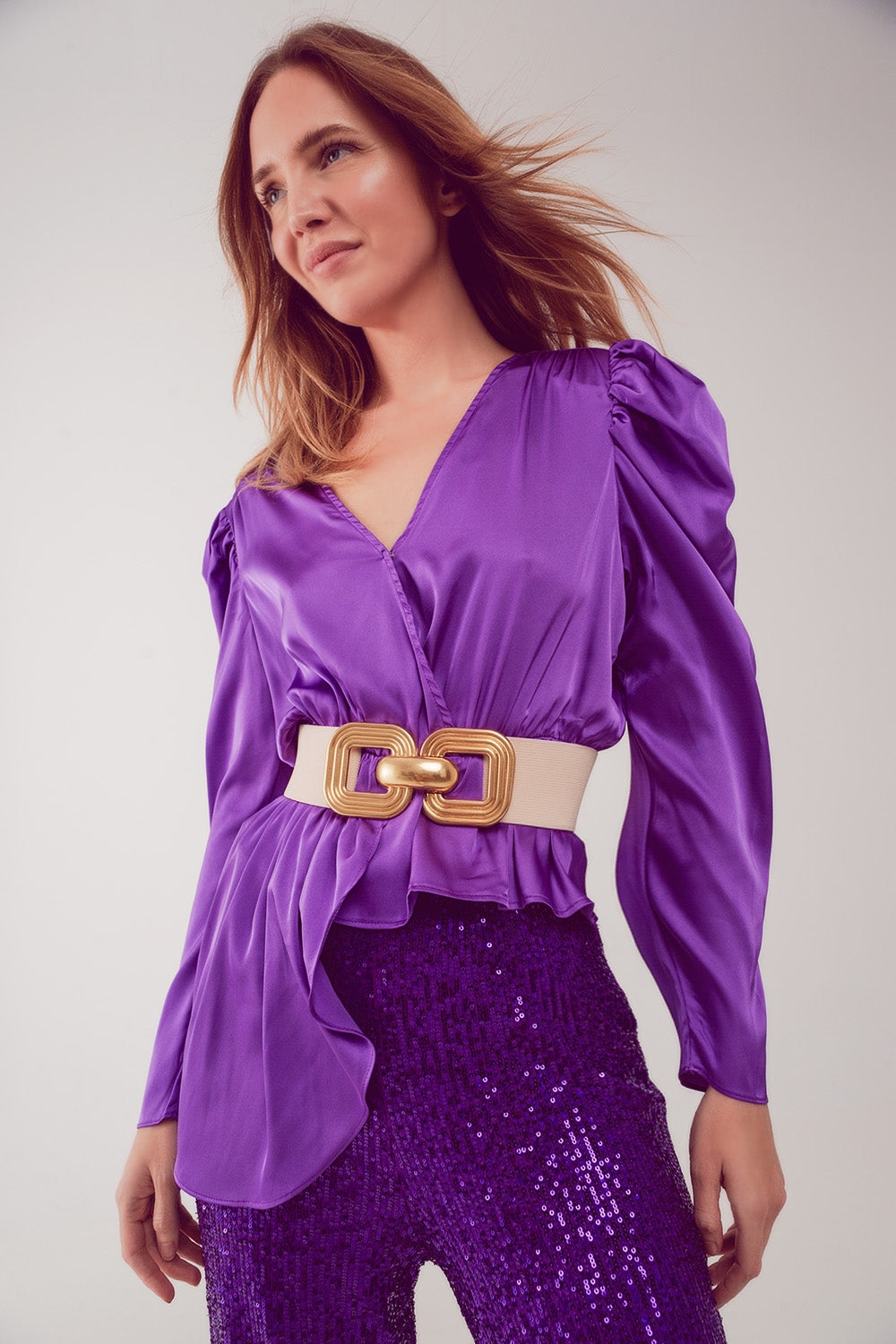 Asymmetric puff sleeve blouse in purple Q2store