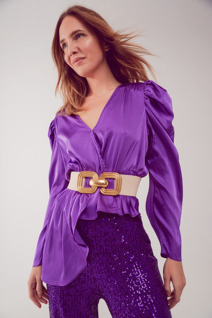 Asymmetric puff sleeve blouse in purple Q2store