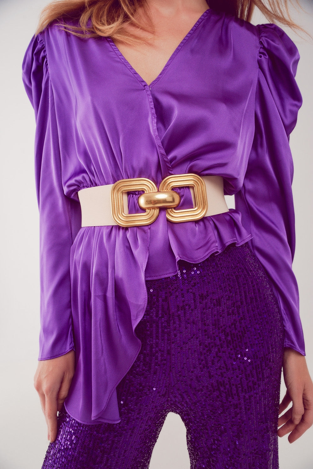 Asymmetric puff sleeve blouse in purple Q2store