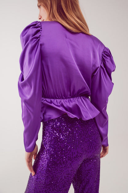 Asymmetric puff sleeve blouse in purple Q2store