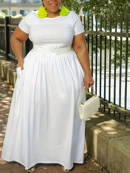 Plus Size Solid Short Sleeve Maxi Dress, Women's Plus Medium Stretch Elegant Long Dress NovaCart