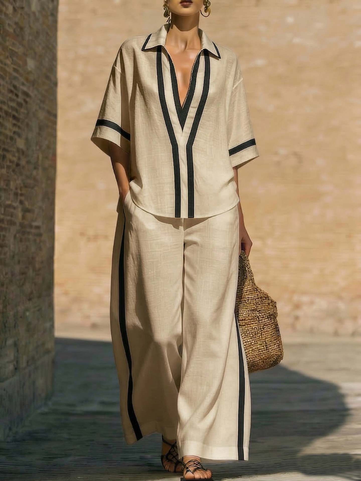 Women’s Color Block Shirt and Wide-Leg Pants Set FitiqueFit