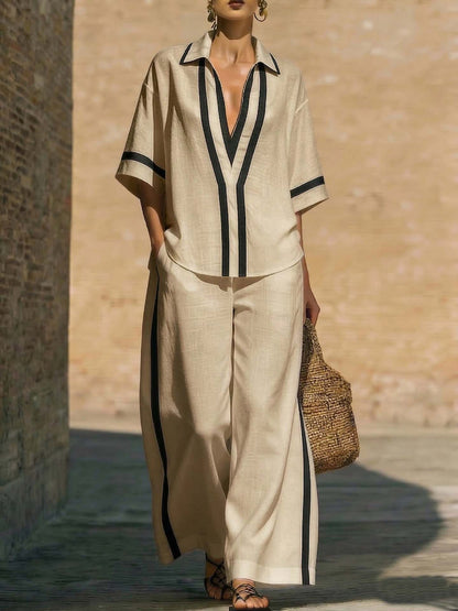 Women’s Color Block Shirt and Wide-Leg Pants Set FitiqueFit
