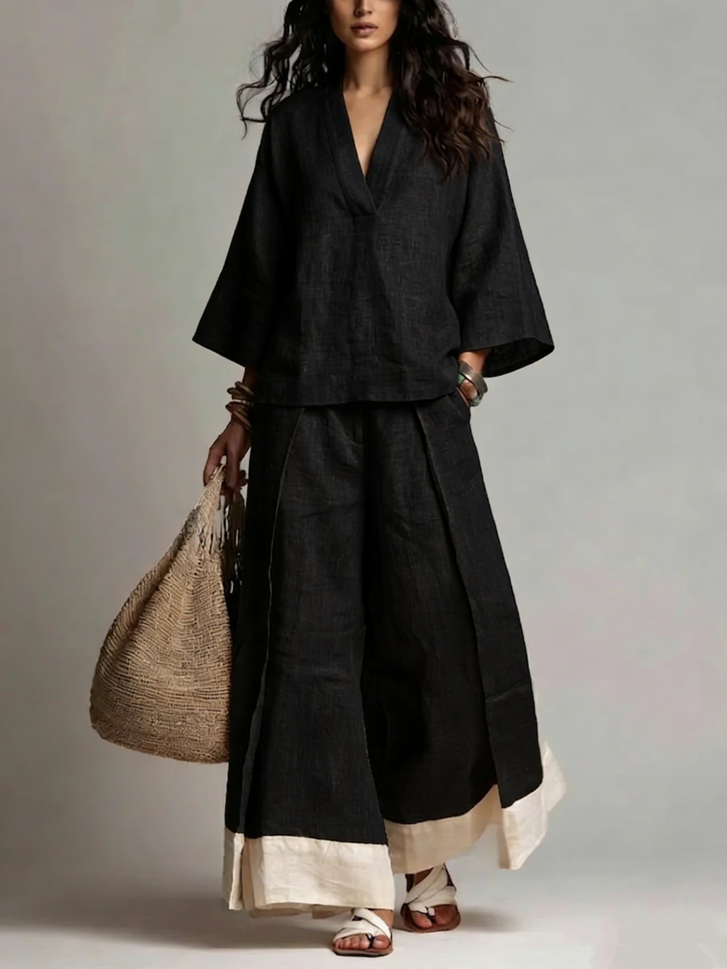 Women's Cotton-Linen V-Neck 3/4 Sleeve Shirt & Wide-Leg Pants Set FitiqueFit