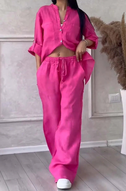 Wide-Leg Pants & Lace-Up Top Two-Piece Set – Solid Color, 12 Colors S–5XL FitiqueFit