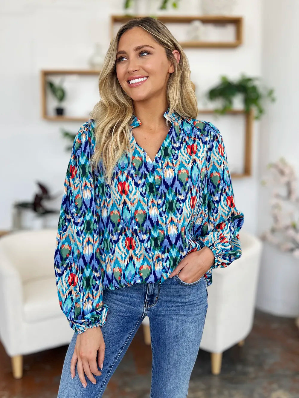 Double Take Full Size Printed Balloon Sleeve Blouse New Era Fashion LLc