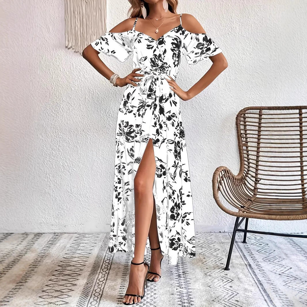 Ins Off-Shoulder Split Dress Summer Floral Print Suspender Long Dresses With Belt Design Women's Beach Clothing Grayceful LLC