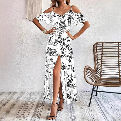 Ins Off-Shoulder Split Dress Summer Floral Print Suspender Long Dresses With Belt Design Women's Beach Clothing Grayceful LLC