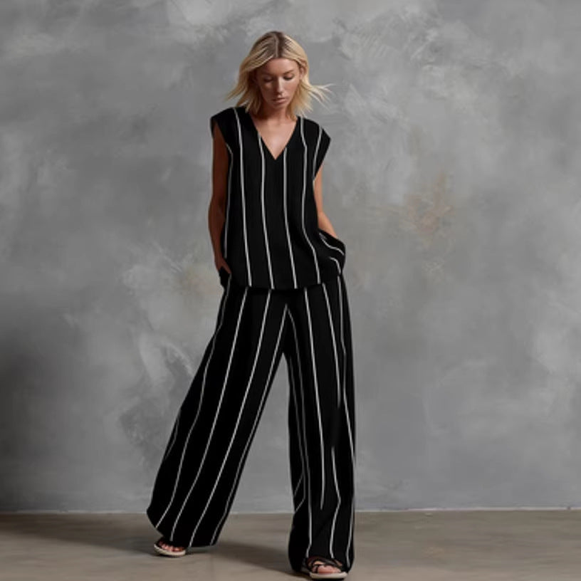 Women’s Sleeveless Striped Top and Full-Length Pants Set FitiqueFit