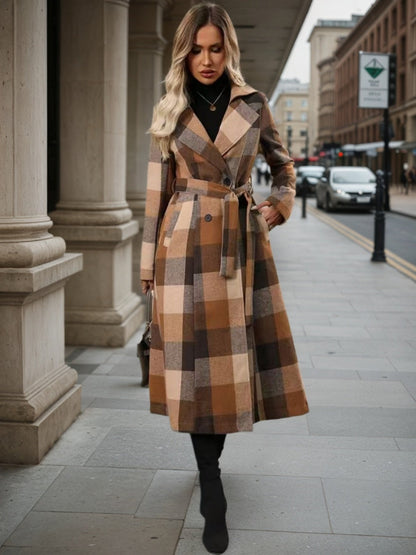 Women’s Lapel Woolen Double-Breasted Coat – Lace-Up Long Windbreaker FitiqueFit