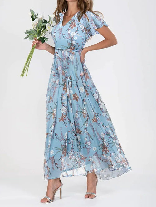 Flowers Print Short Sleeve Dress Summer Fashion Ruffle Beach Dresses Women's Clothing Grayceful LLC