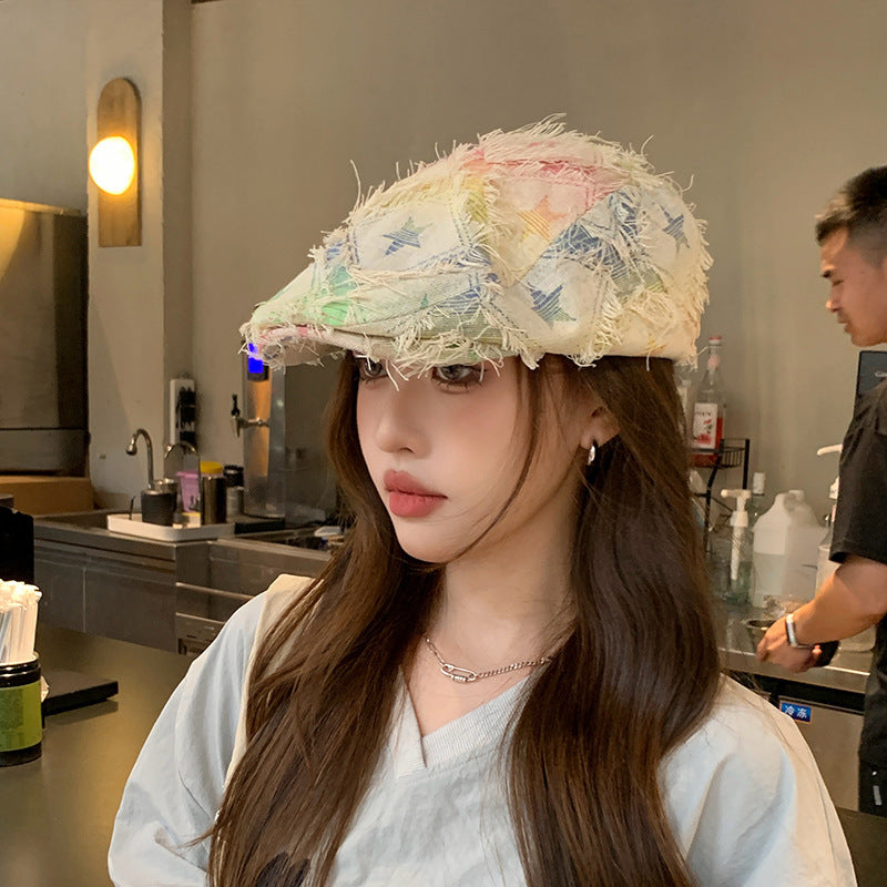 Colorful Plaid Star Distressed Beret — Korean Style Five-Pointed Hat FitiqueFit