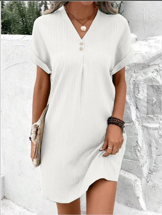 Button-Front V-Neck Dress – Short Sleeve Solid Casual Shirt Dress FitiqueFit