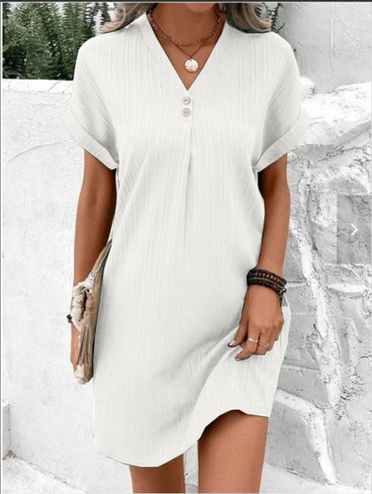 Button-Front V-Neck Dress – Short Sleeve Solid Casual Shirt Dress FitiqueFit