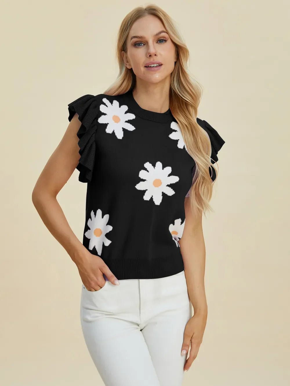 Double Take Full Size Ruffled Flower Round Neck Cap Sleeve Sweater New Era Fashion LLc