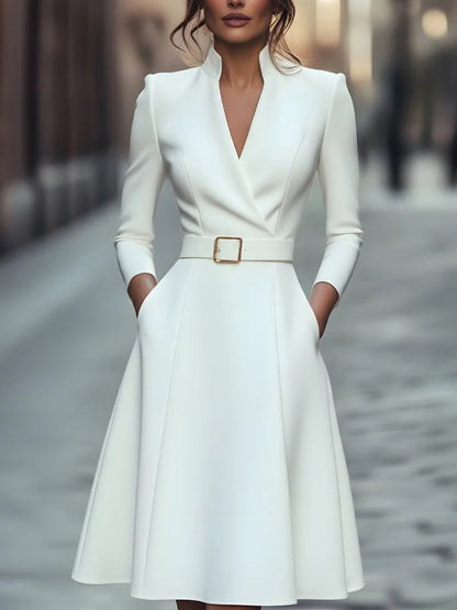 V-Neck Long Sleeve Swing Dress – Women's Autumn Winter Midi Dress FitiqueFit