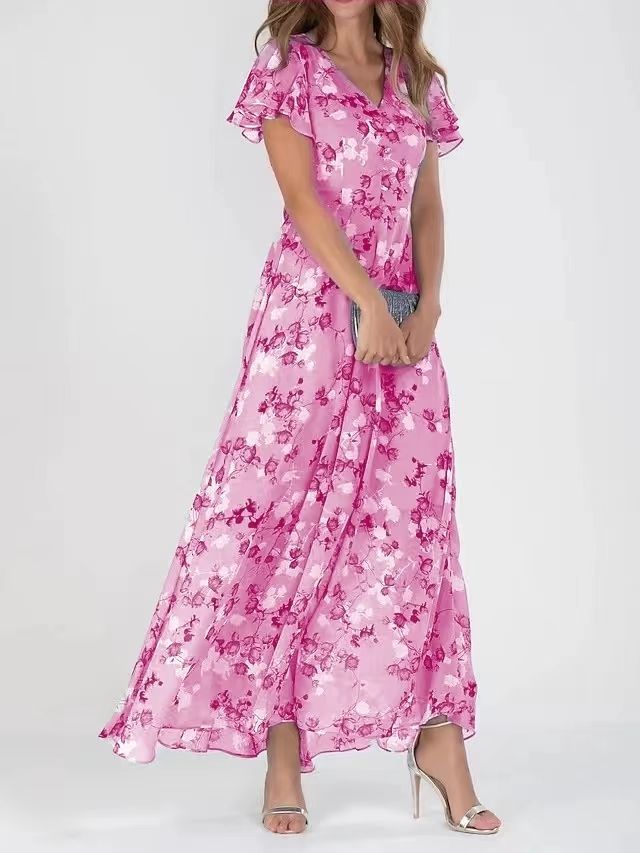 Flowers Print Short Sleeve Dress Summer Fashion Ruffle Beach Dresses Women's Clothing Grayceful LLC