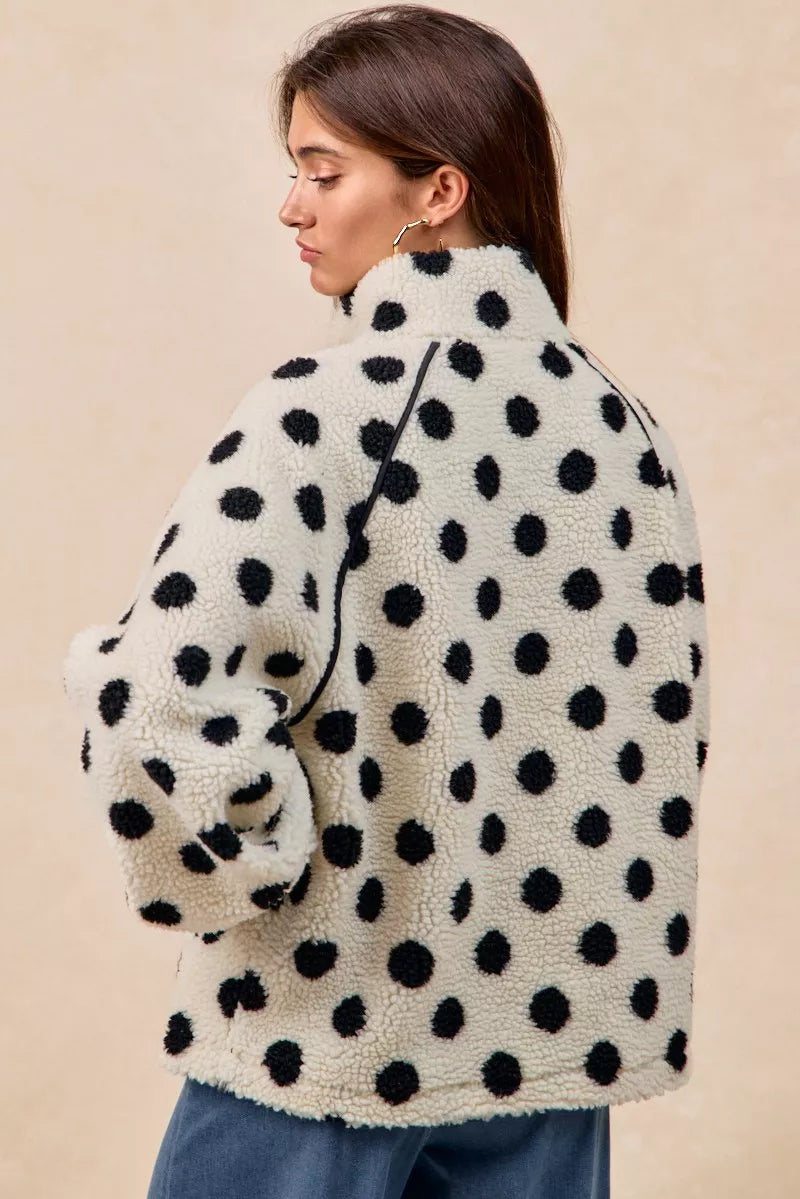 BiBi Polka Dot Sherpa Half Zip Up Top with Side Pocket FitiqueFit