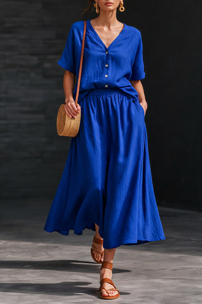 Women's Cotton-Linen V-Neck Button-Up Top & Long Skirt Set FitiqueFit