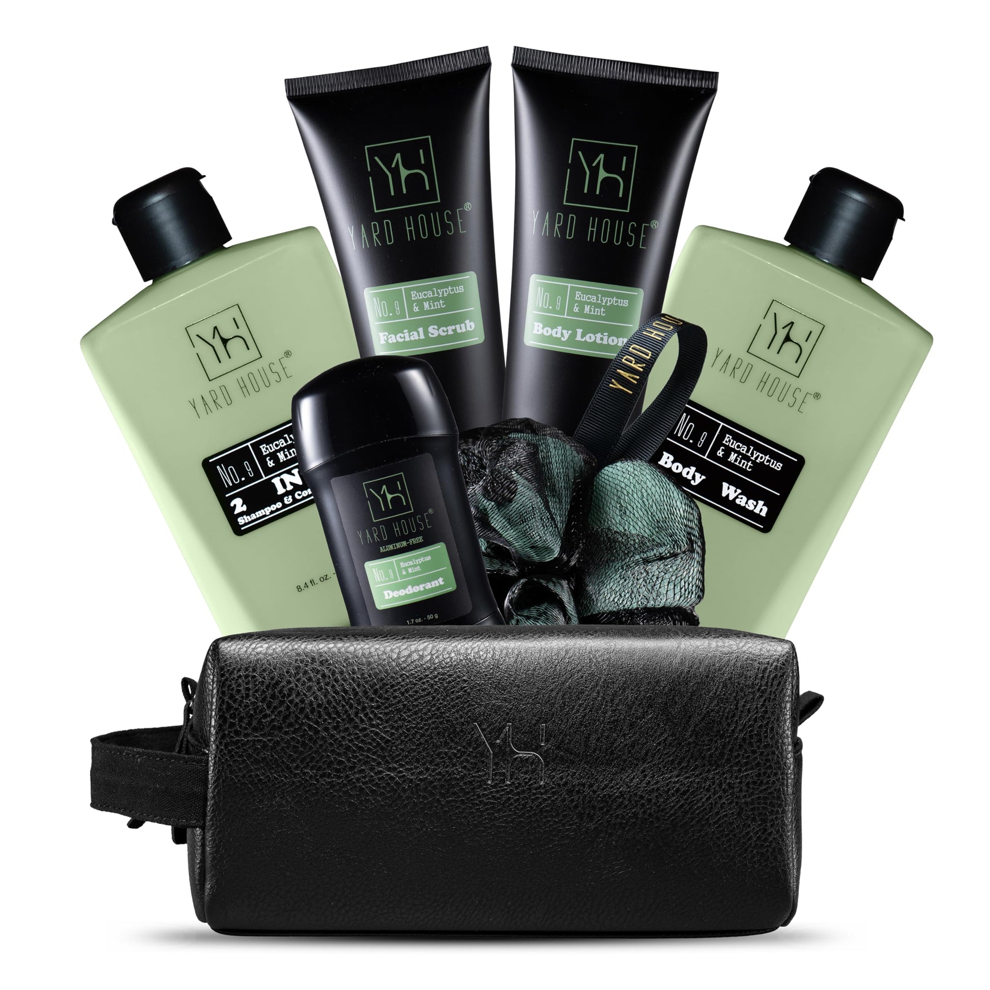 Yard House Mens Luxury Bath and Body Gift Set For Him - Skin Care Kit in Eucalyptus and Mint - Fathers Day Birthday Christmas Gifts Ideas For Men - 7Pcs Set w. Full Size Items in Leather Toiletry Bag New Era Fashion LLc