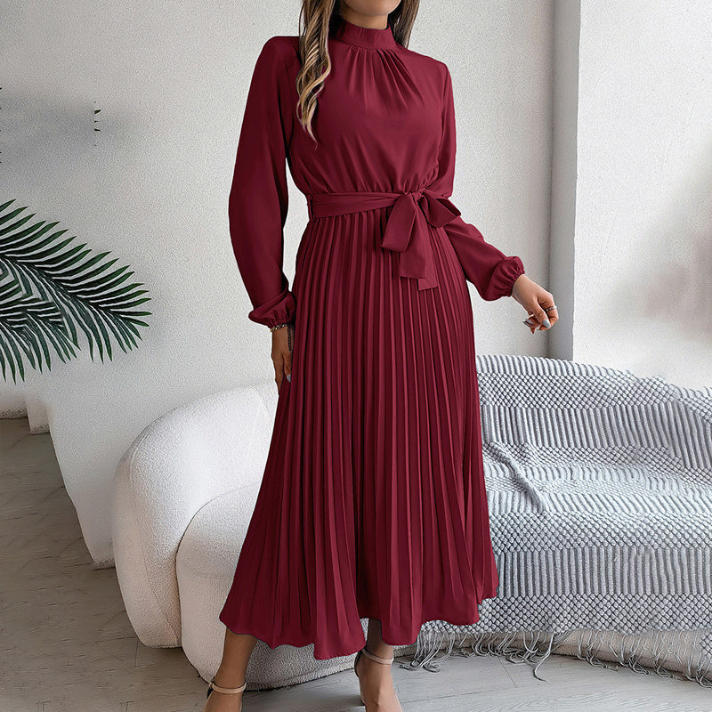 Elegant High Neck Long Sleeve Pleated Maxi Dress - Solid Color Flowy Dress For Women, Casual To Formal Wear Grayceful LLC