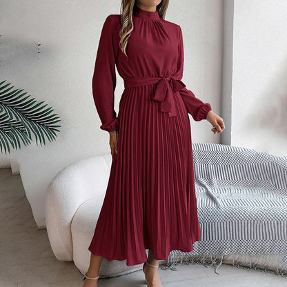 Elegant High Neck Long Sleeve Pleated Maxi Dress - Solid Color Flowy Dress For Women, Casual To Formal Wear Grayceful LLC
