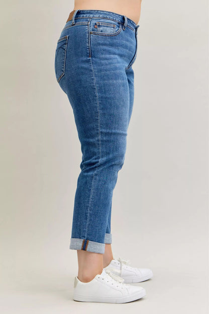 Judy Blue Full Size Mid Rise BF Classic Cuffed Jeans Plus Size Garden Naked Curves