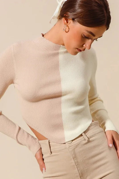 SO ME Color Block Fitted Crop Sweater Top West2East Surf