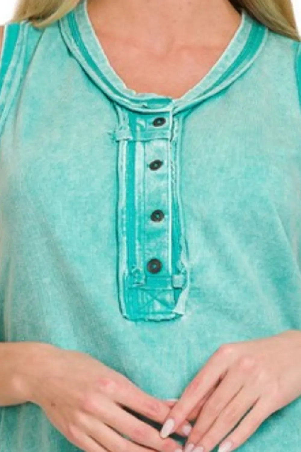 Zenana Washed Half-Button Raw Edge Sleeveless Henley Top FitiqueFit