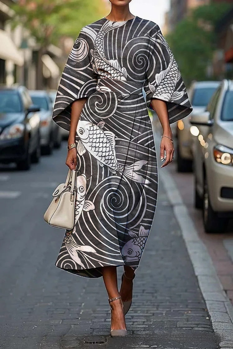 Geometric Print Batwing Sleeve Flowy Maxi Dress – 12 Styles, XS–XXXL FitiqueFit