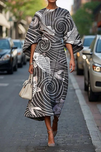 Geometric Print Batwing Sleeve Flowy Maxi Dress – 12 Styles, XS–XXXL FitiqueFit