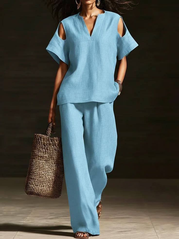 V-Neck Short Sleeve Top & Straight-Leg Pants Set – Ripped Detail, Pockets, Solid Color FitiqueFit