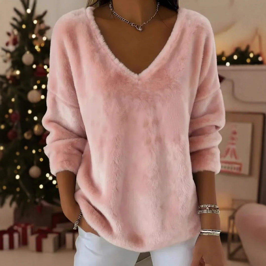 Women’s Plush V Neck Drop Shoulder Pullover Sweater FitiqueFit