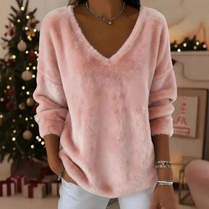 Women’s Plush V Neck Drop Shoulder Pullover Sweater FitiqueFit