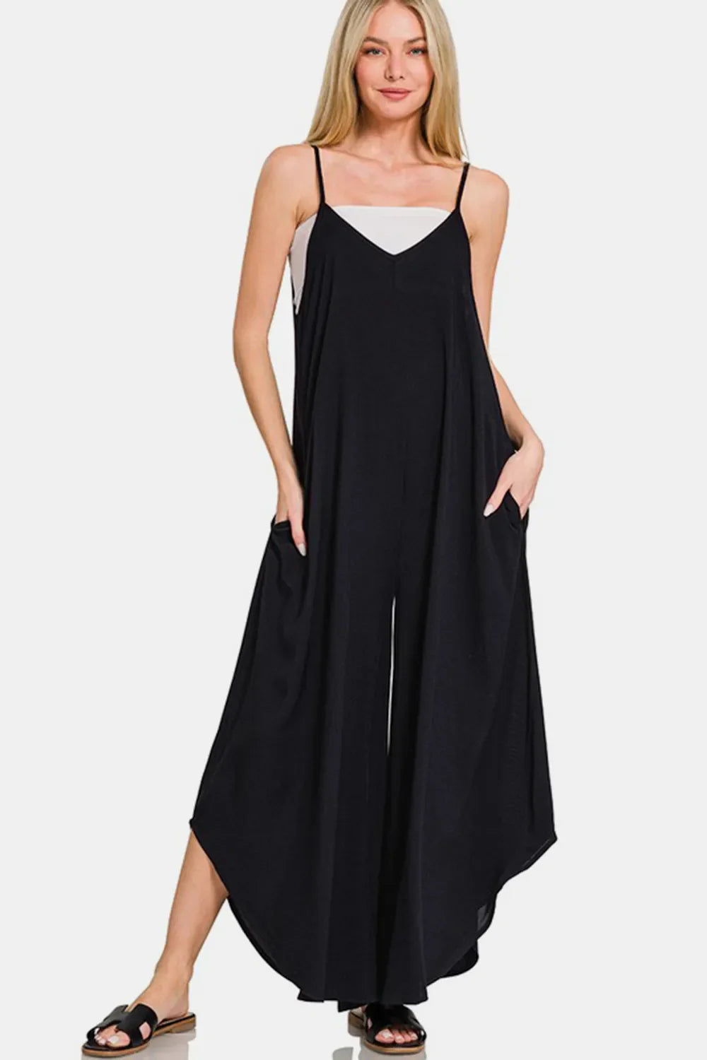 Zenana Spaghetti Strap Wide Leg Overalls with Pockets West2East Surf