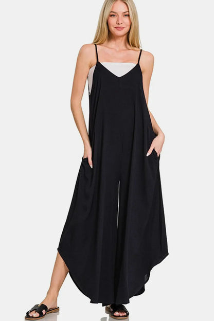 Zenana Spaghetti Strap Wide Leg Overalls with Pockets West2East Surf