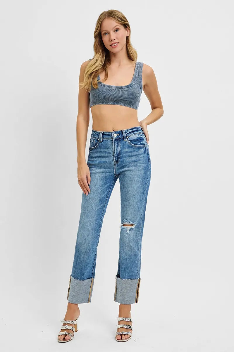 RISEN Full Size High Rise Ankle Straight Wide Cuffed Jeans Plus Size West2East Surf