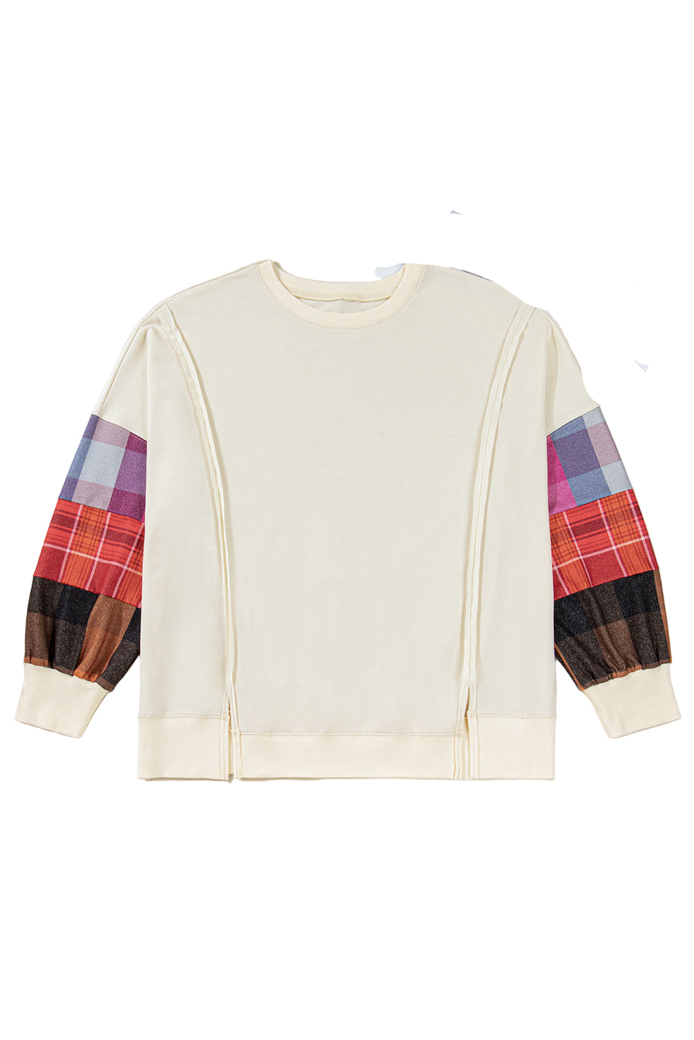 Beige Plus Size Plaid Patchwork Sleeve Pullover Top Garden Naked Curves