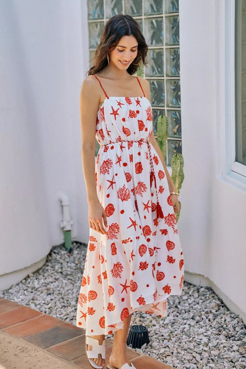 SO ME Shell Print Tiered Lined Midi Cami Dress With Belt New Era Fashion LLc