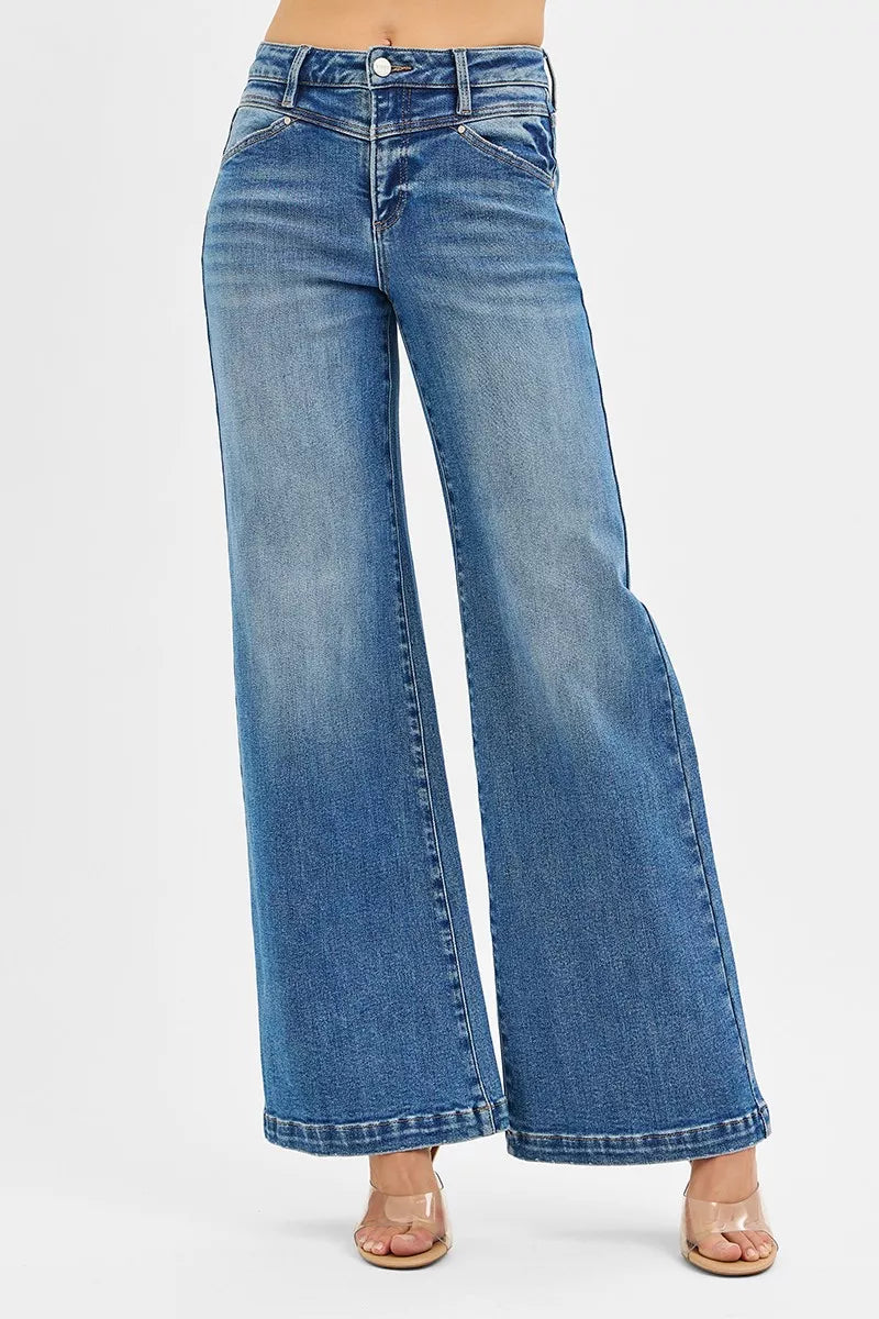 RISEN High Rise Wide Leg Jenas with Front Yoke and Heart Back Pocket West2East Surf