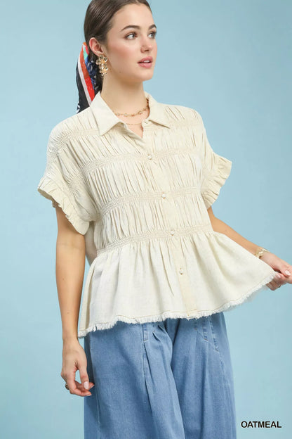 Umgee Washed Linen Blend Smocked Shirt Montret