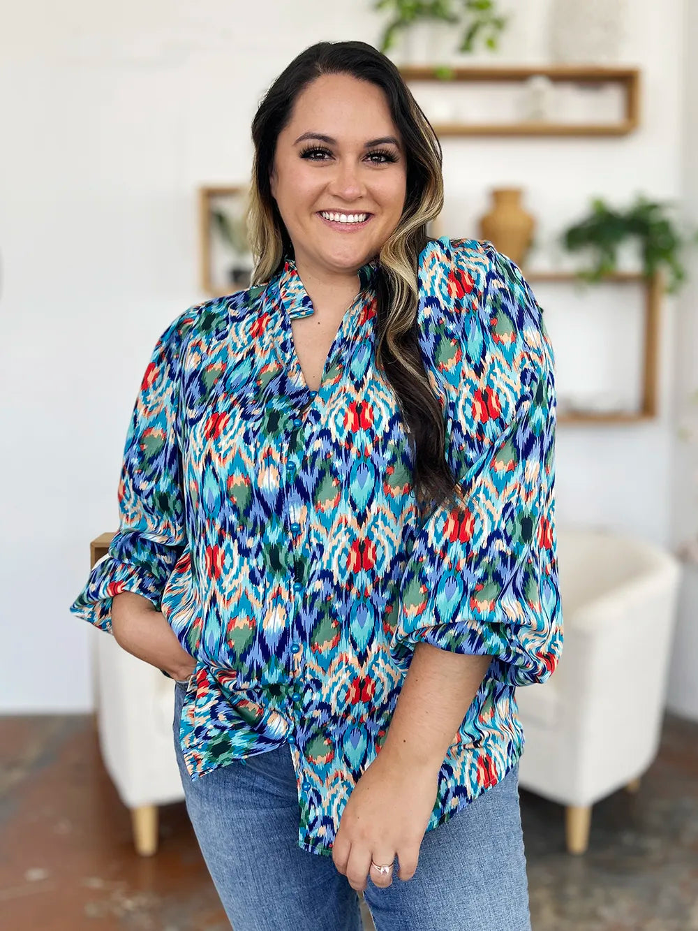 Double Take Full Size Printed Balloon Sleeve Blouse New Era Fashion LLc