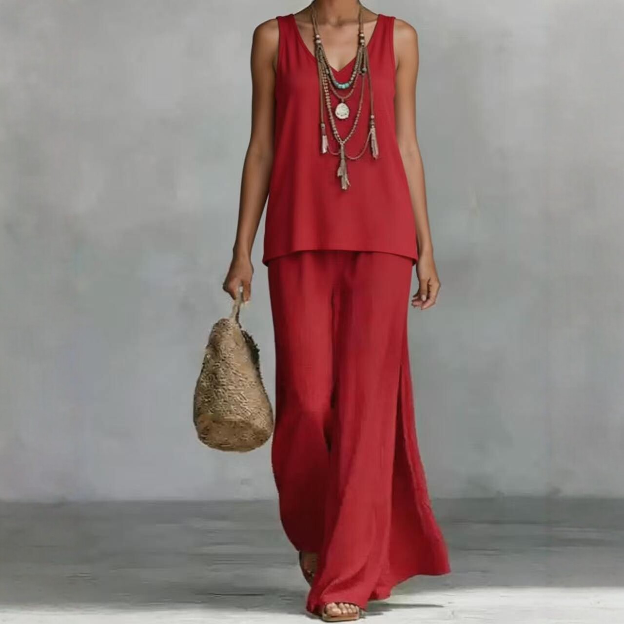 Women's Bohemian Wide-Leg Pants & V-Neck Vest Set – 3D Print FitiqueFit