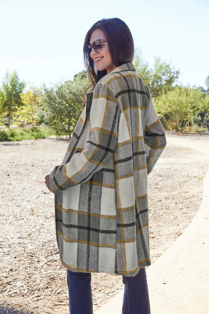 Double Take Full Size Plaid Button Up Lapel Collar Coat West2East Surf