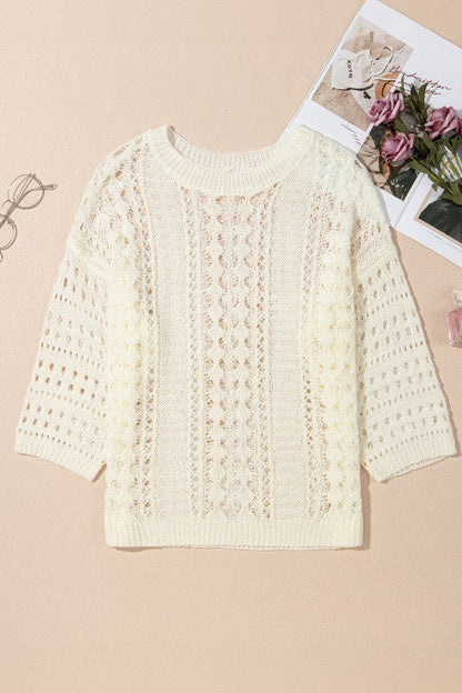 Hollow Out Knit 3/4 Drop Shoulder Sweater Shop Style & More | Fresh Looks, Everyday Deals & Free Shipping