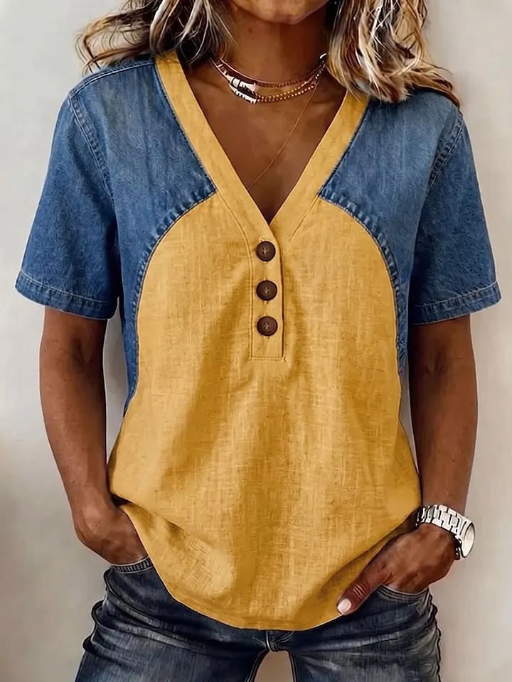 Women's Loose Denim Patchwork Color-Block T-Shirt FitiqueFit